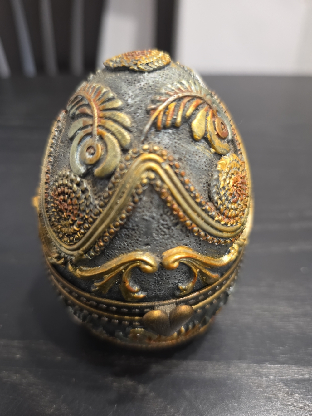 Decorative Ornate Metal Egg - Gold and Gray Home Art Accent
